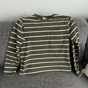 JCrew Factory Green and Pink Striped Long Sleeve Pocket Tee